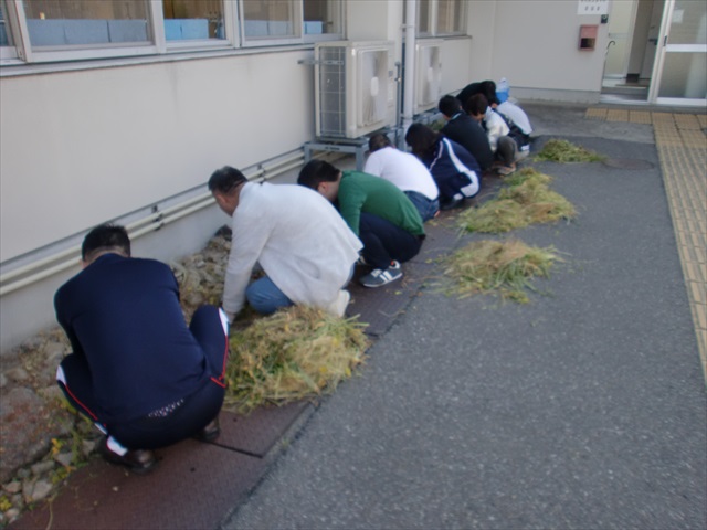 寄宿舎の除草作業の様子の写真