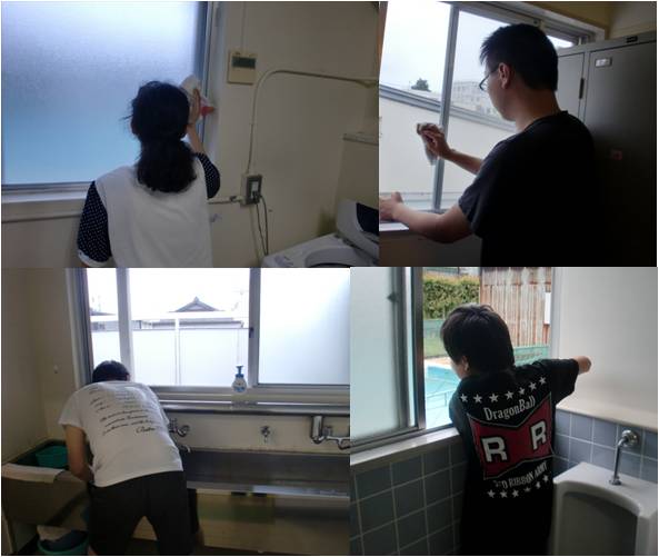 寄宿舎前期大掃除で一生懸命掃除する舎生のみなさん。中学生、小学生、理療科生、皆で一丸となって！