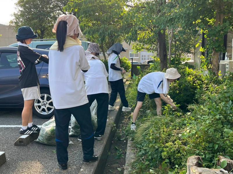 児童館周辺の草むしりをする部員たち
